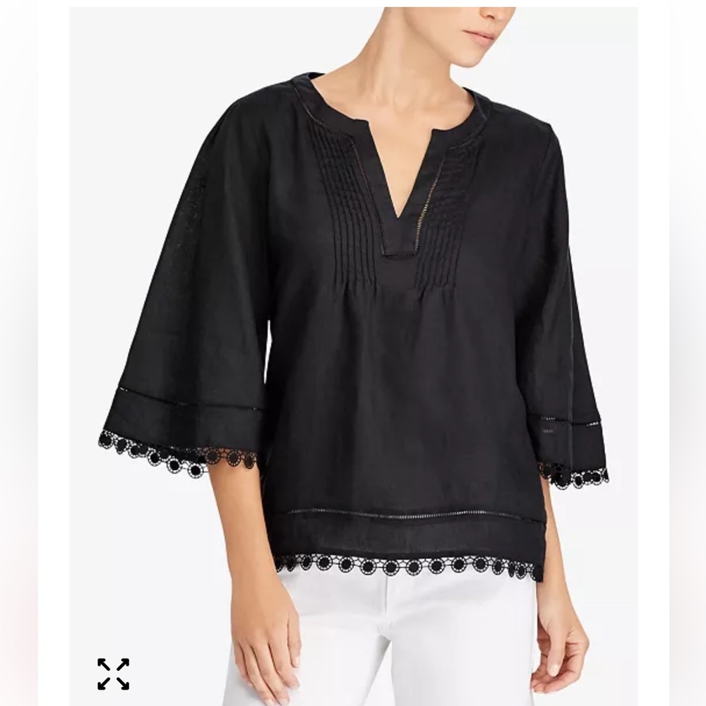 Lauren Ralph Lauren Linen Lace Trim Top Bell Sleeve Black